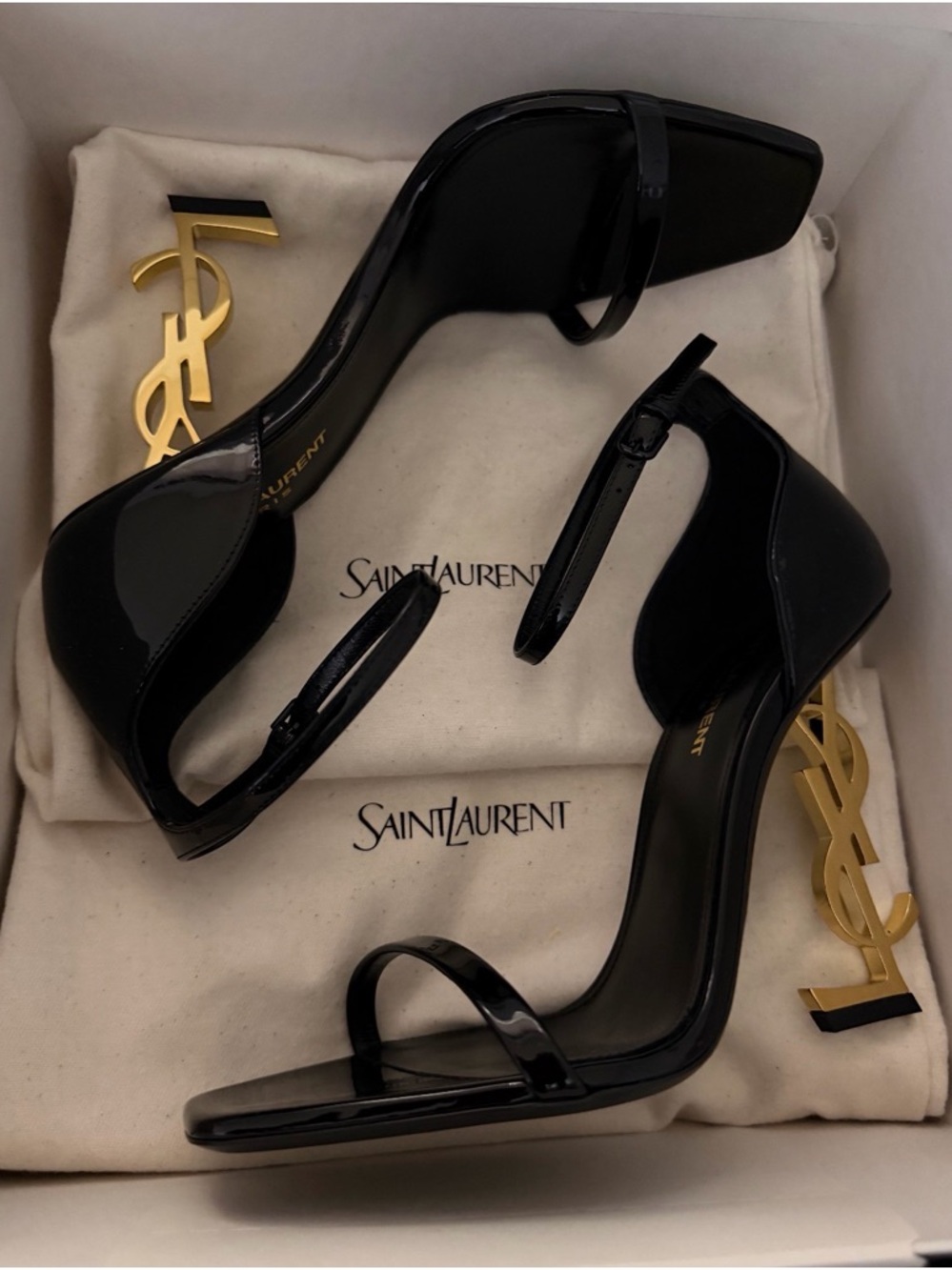 Saint Laurent Black Patent Opyum Logo-Heel Sandals